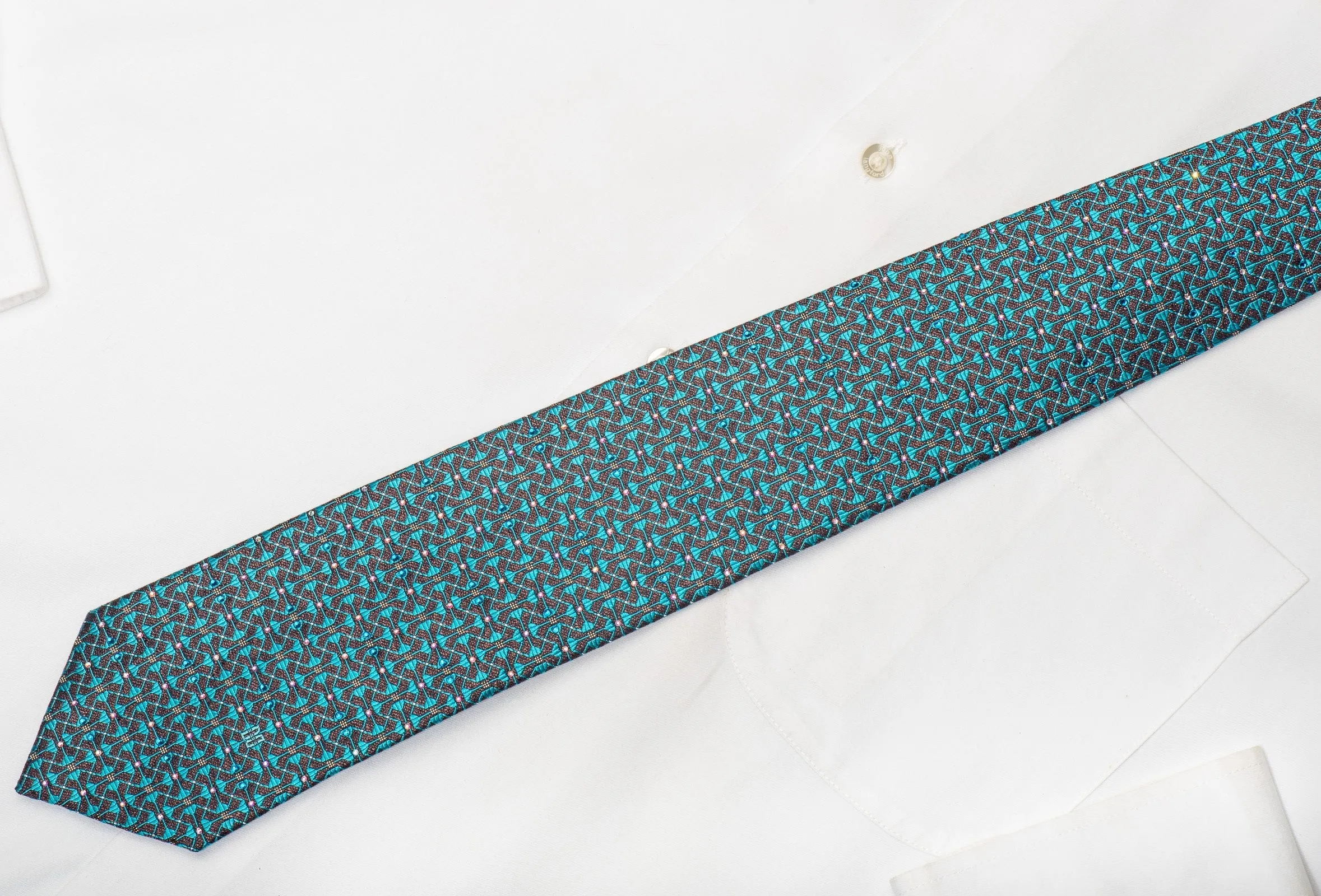 Daks Men's Silk Tie Turquoise Trellis On Dark Brown Sparkling With Crystal Rhinestones