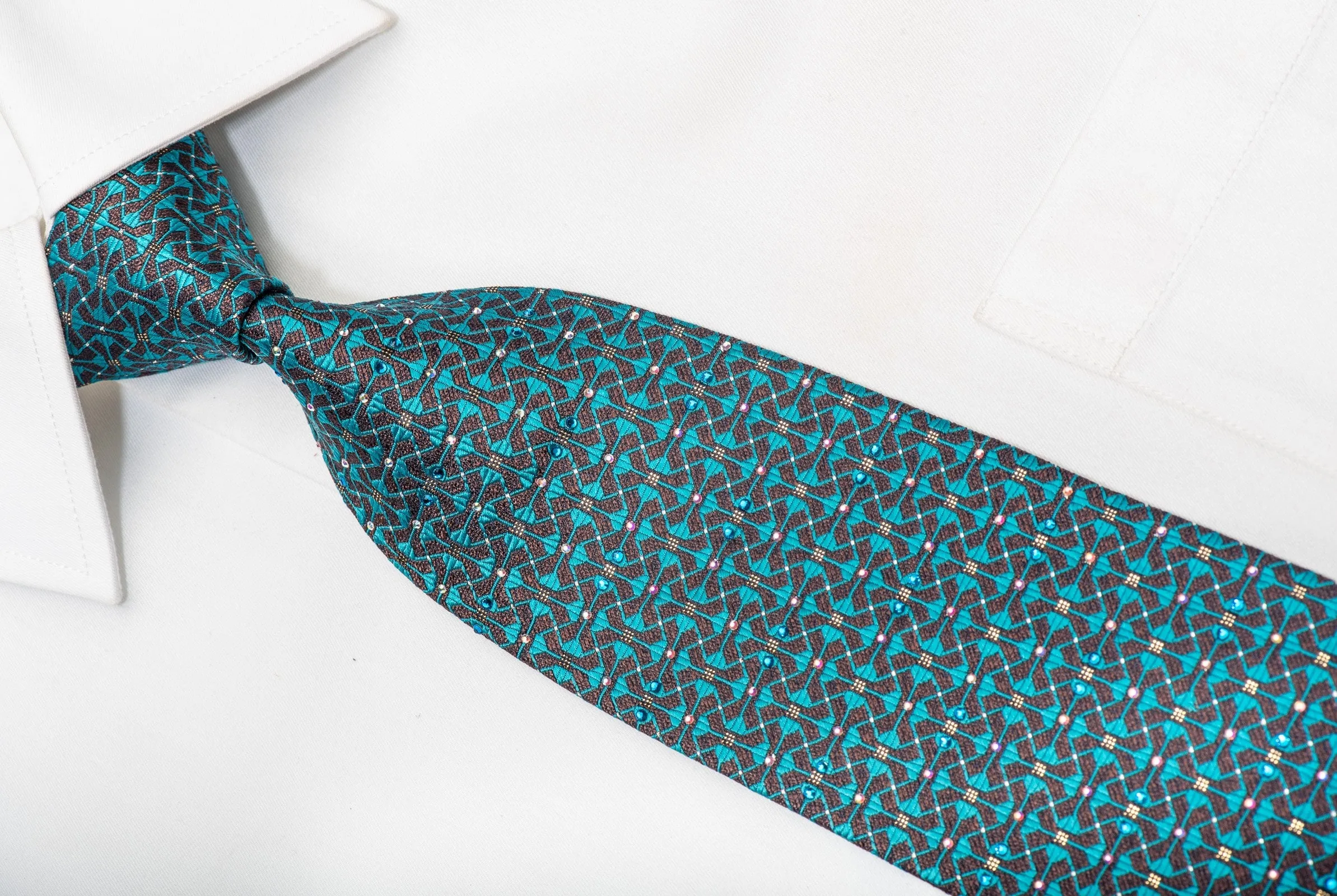 Daks Men's Silk Tie Turquoise Trellis On Dark Brown Sparkling With Crystal Rhinestones