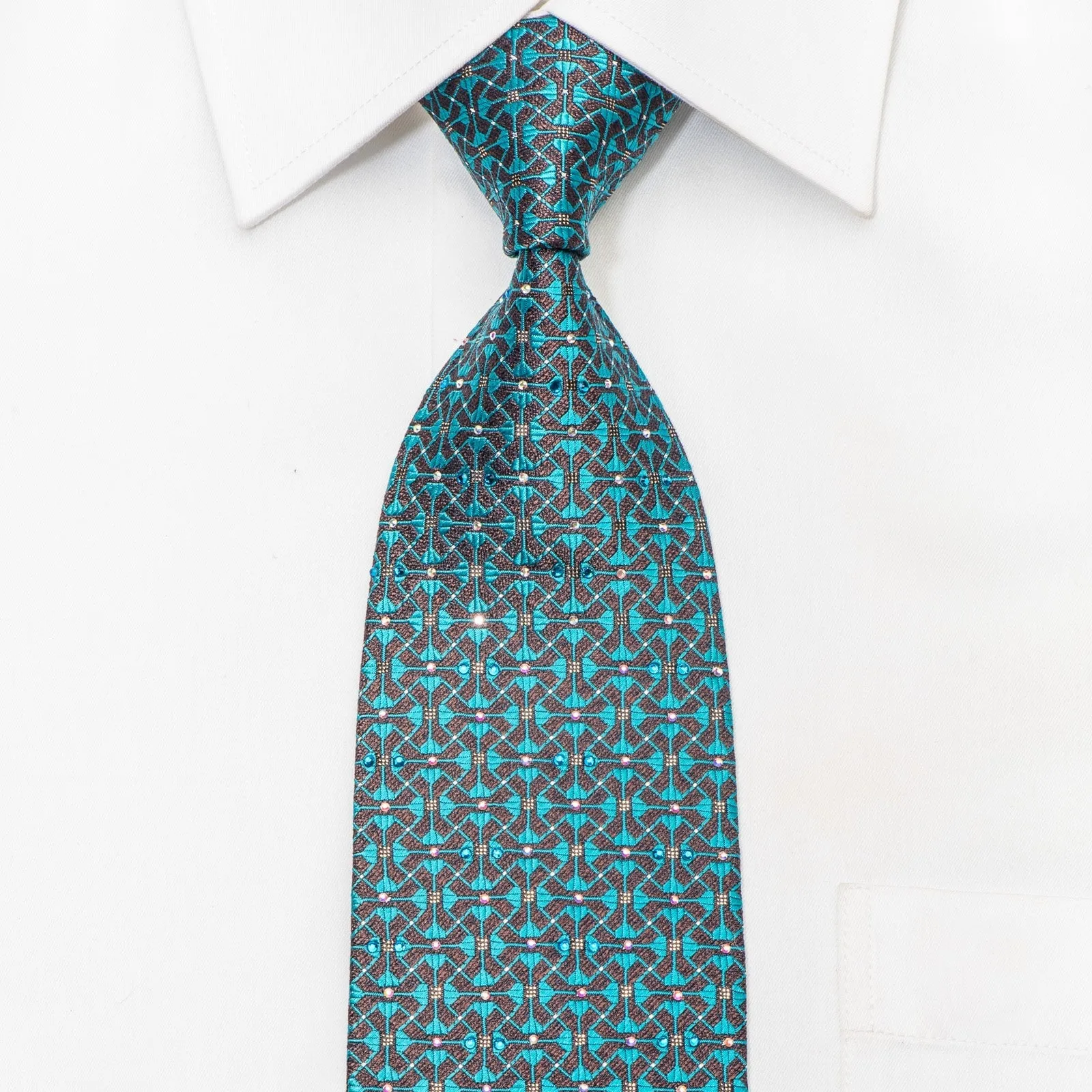 Daks Men's Silk Tie Turquoise Trellis On Dark Brown Sparkling With Crystal Rhinestones