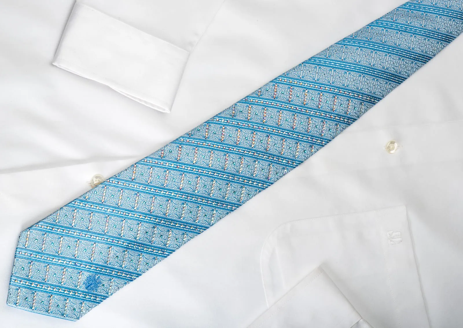 Daks Silk Tie Blue Striped Rhinestone With Silver Sparkles