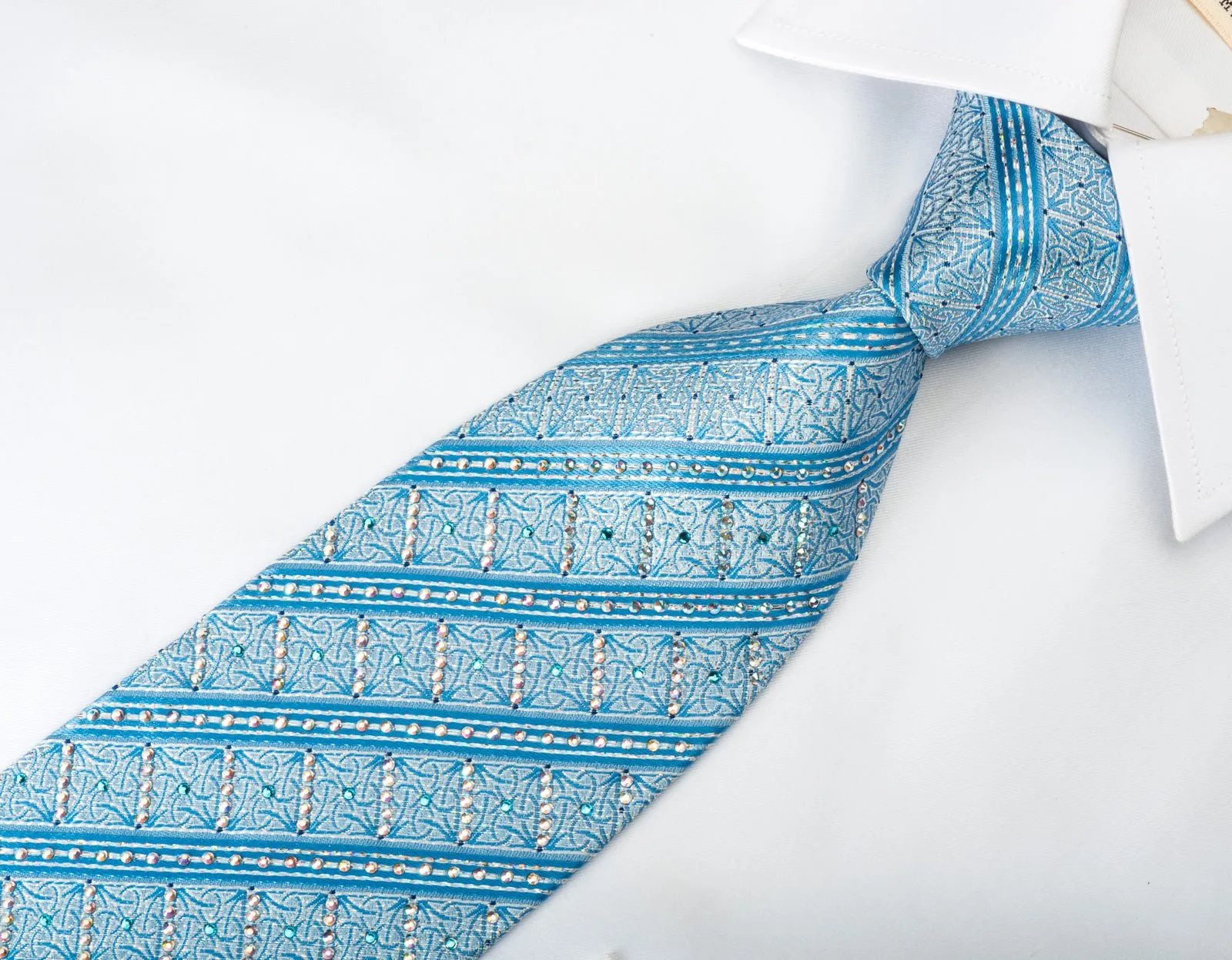 Daks Silk Tie Blue Striped Rhinestone With Silver Sparkles