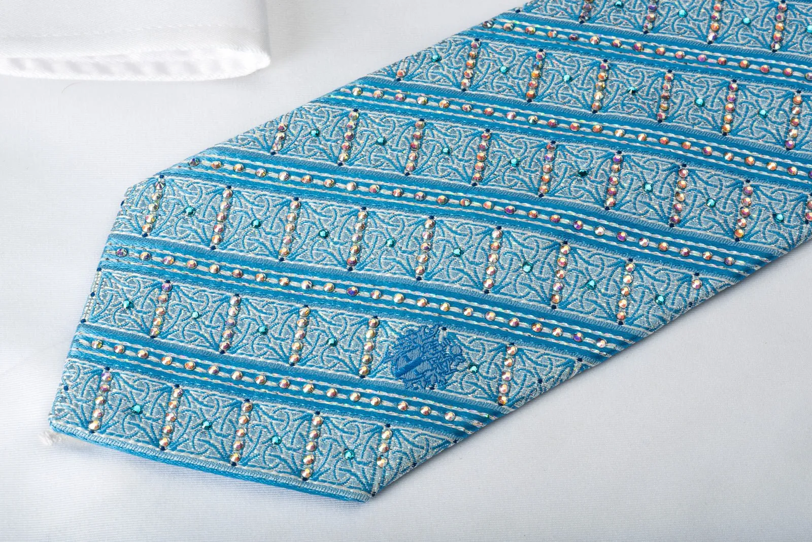 Daks Silk Tie Blue Striped Rhinestone With Silver Sparkles