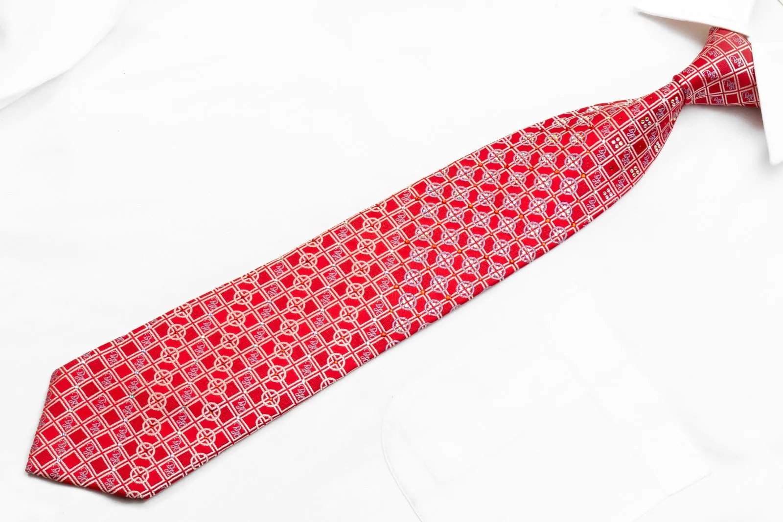 Daniel Hechter Men's Rhinestone Necktie Silver Geometric On Red