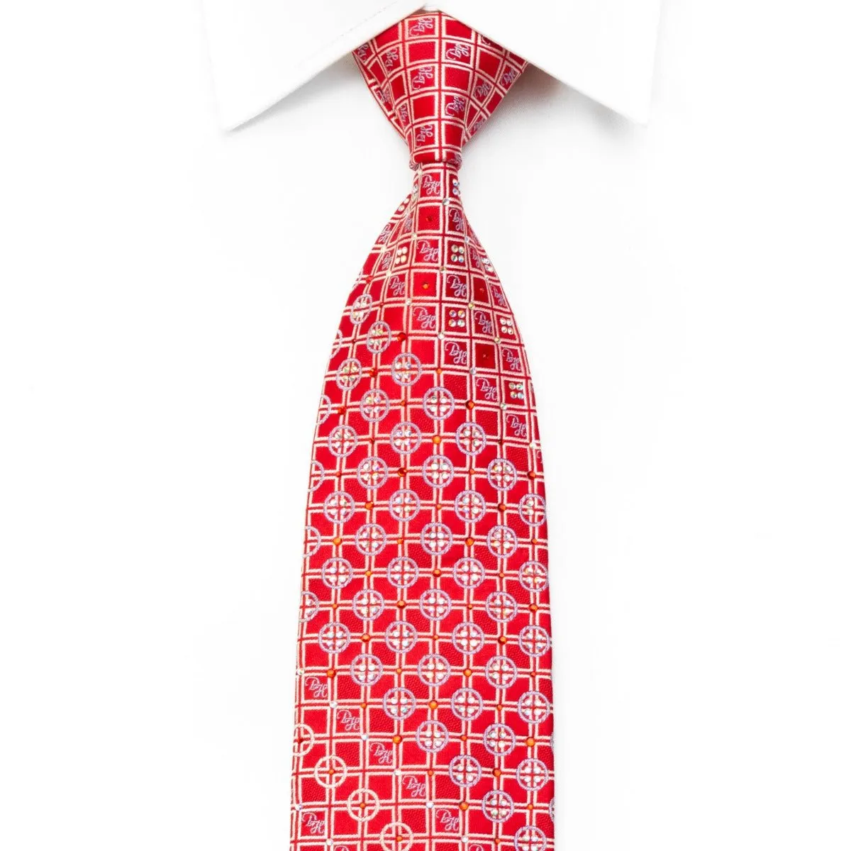 Daniel Hechter Men's Rhinestone Necktie Silver Geometric On Red