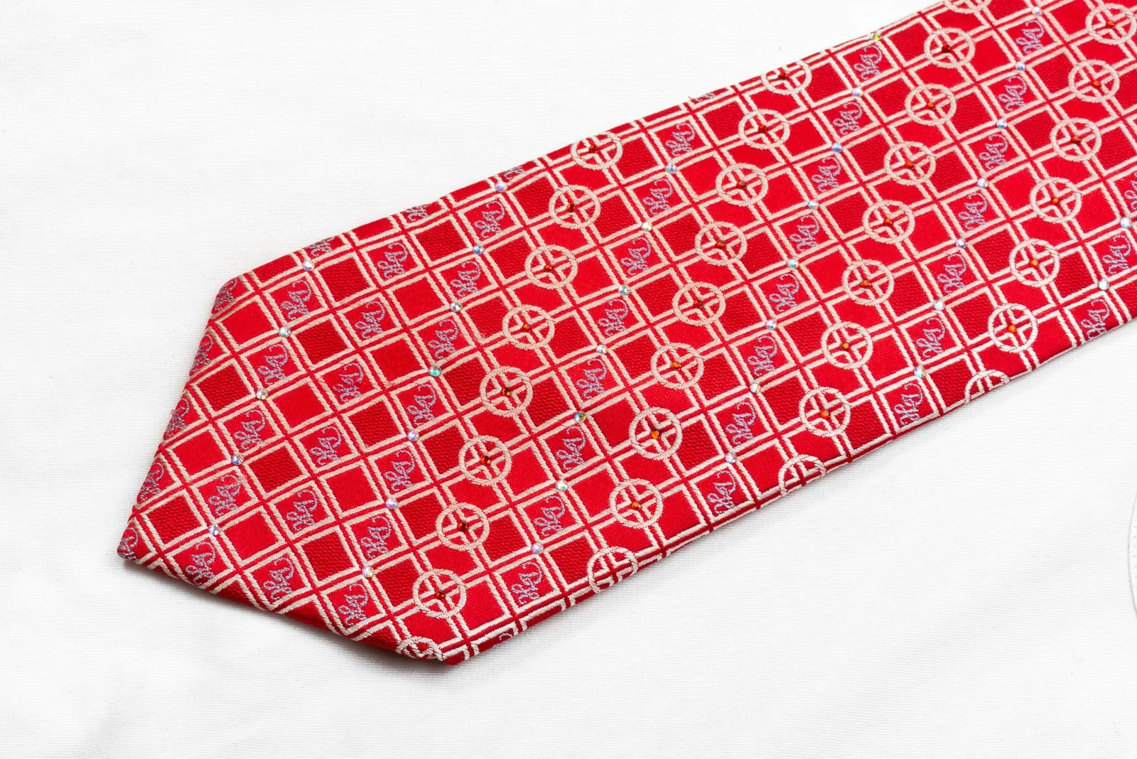 Daniel Hechter Men's Rhinestone Necktie Silver Geometric On Red