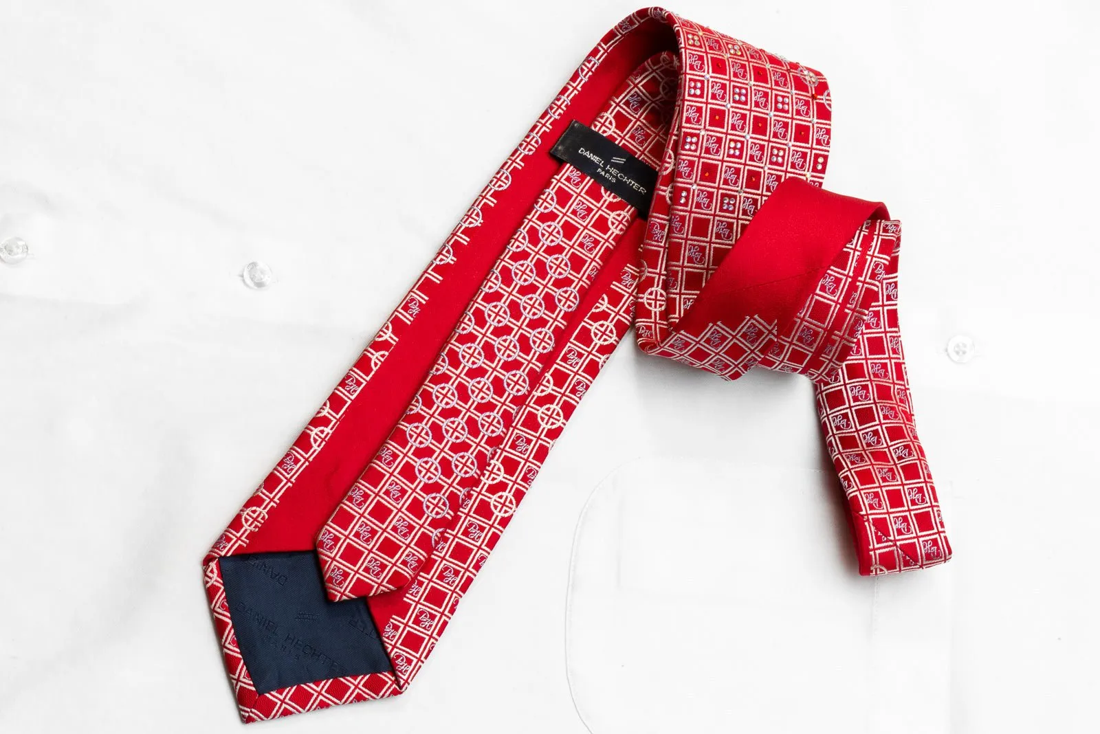 Daniel Hechter Men's Rhinestone Necktie Silver Geometric On Red