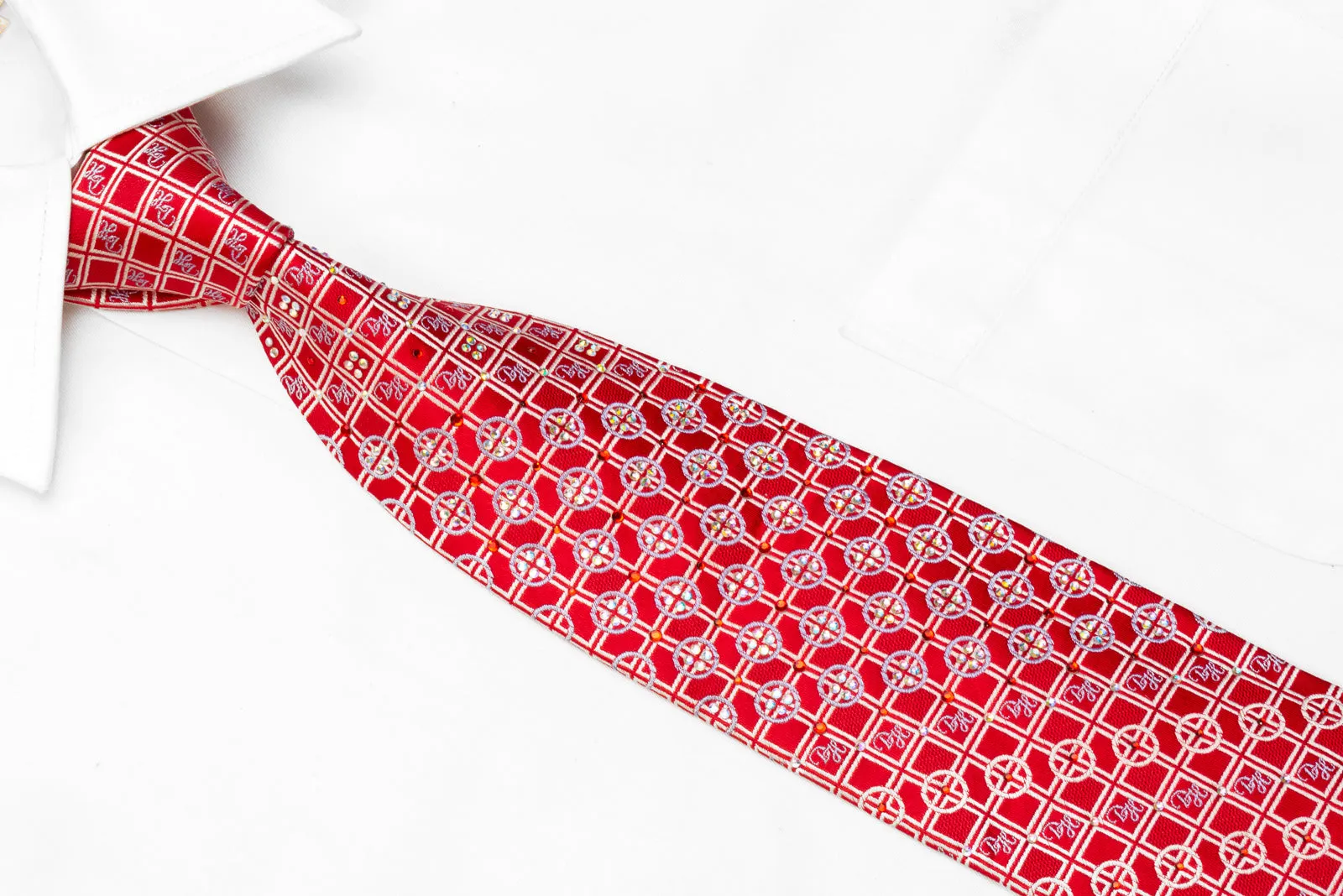 Daniel Hechter Men's Rhinestone Necktie Silver Geometric On Red