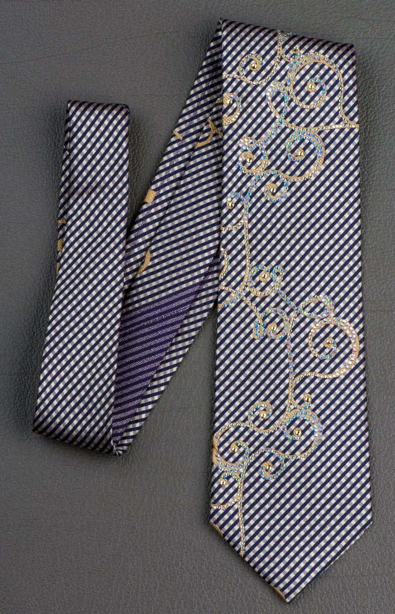 Daniel Hechter Rhinestone Silk Neck Tie Golden Scrolls With Beige Black Stripes