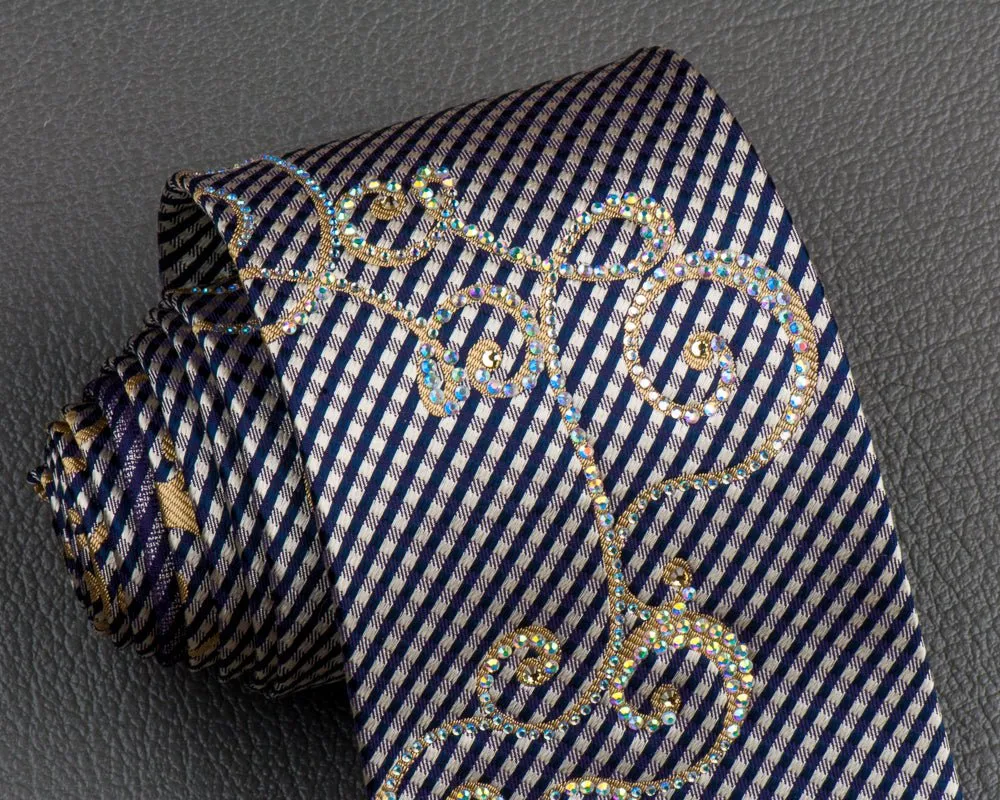Daniel Hechter Rhinestone Silk Neck Tie Golden Scrolls With Beige Black Stripes
