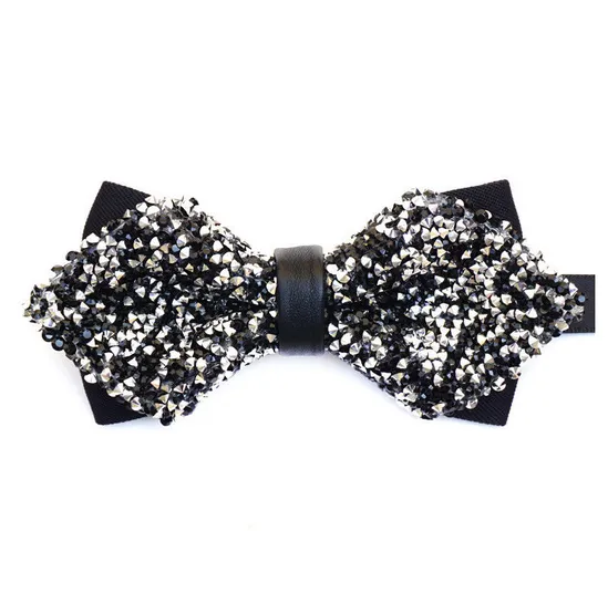 Diamond Tip Black and Silver Crystal Wedding Bow Tie