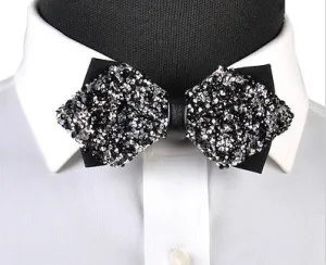 Diamond Tip Black and Silver Crystal Wedding Bow Tie