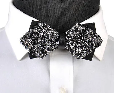 Diamond Tip Black and Silver Crystal Wedding Bow Tie