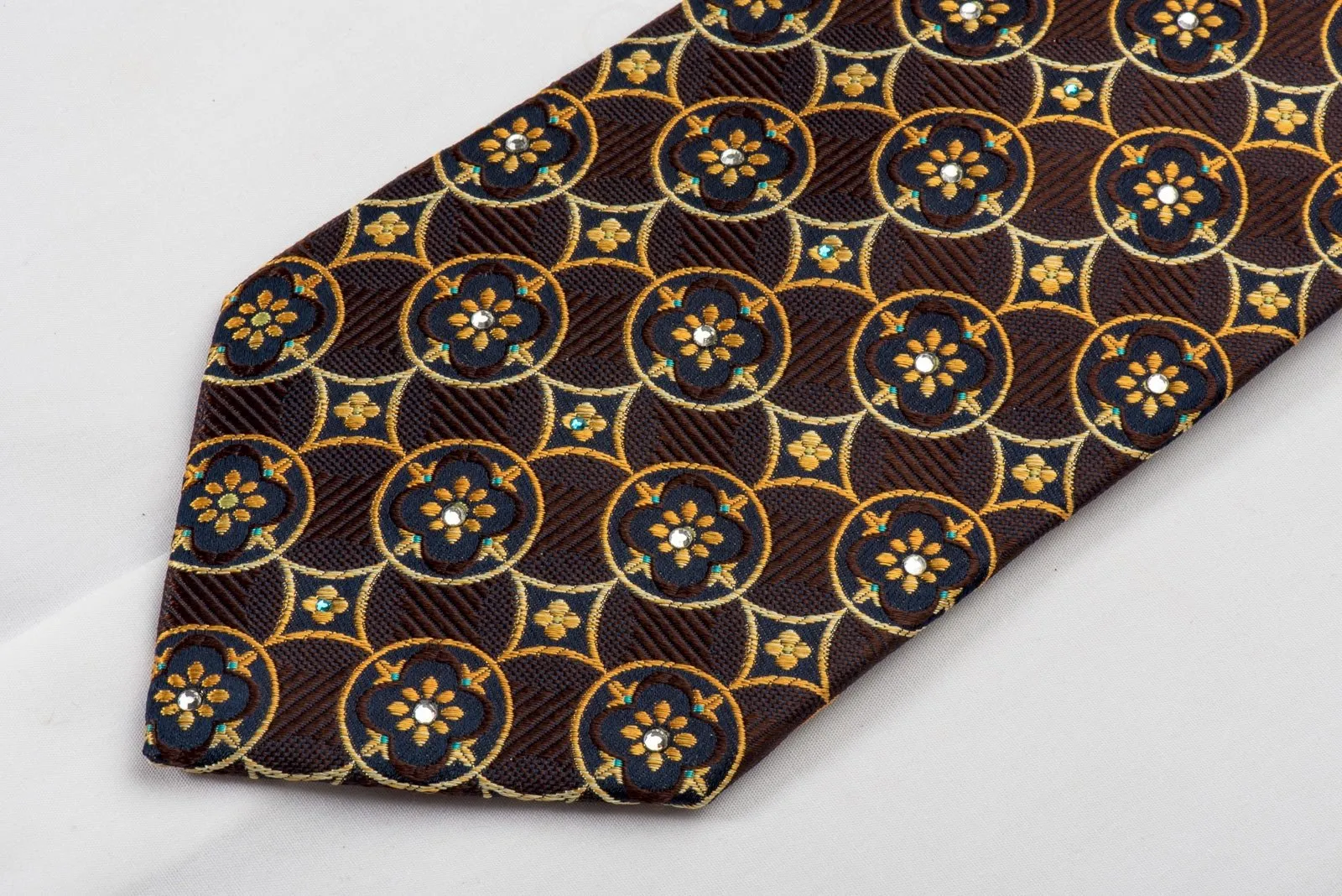 Elegance Mens Rhinestone Tie Orange Interlocking Circles On Brown Silk