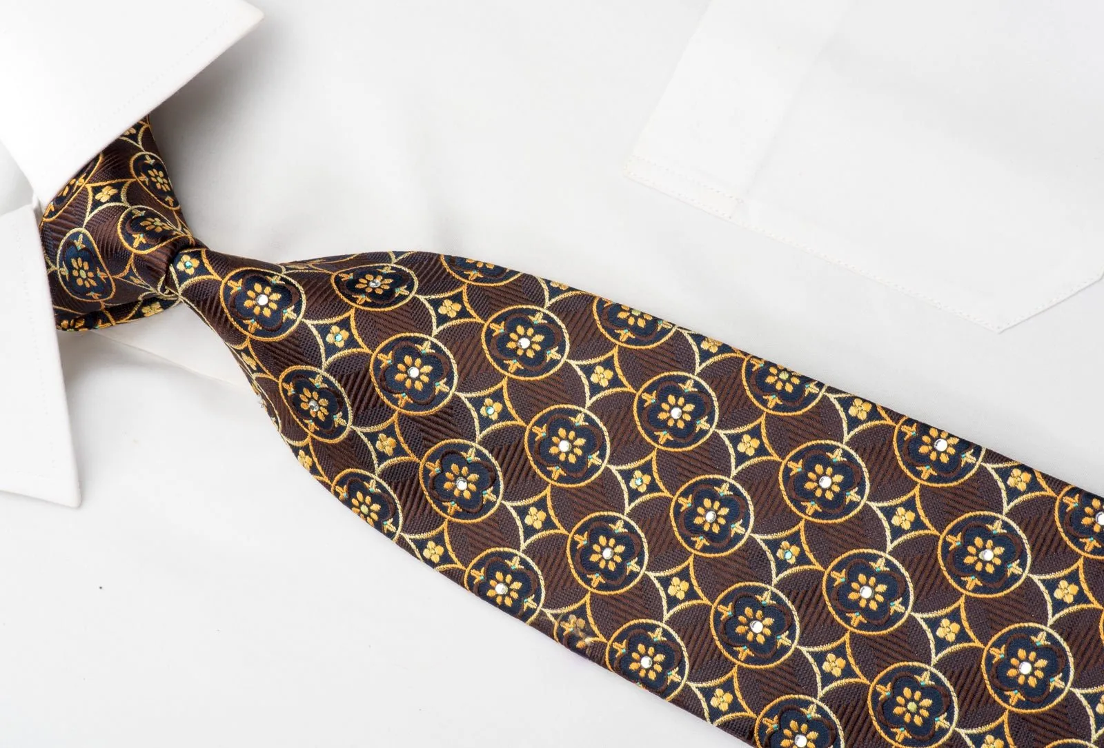 Elegance Mens Rhinestone Tie Orange Interlocking Circles On Brown Silk
