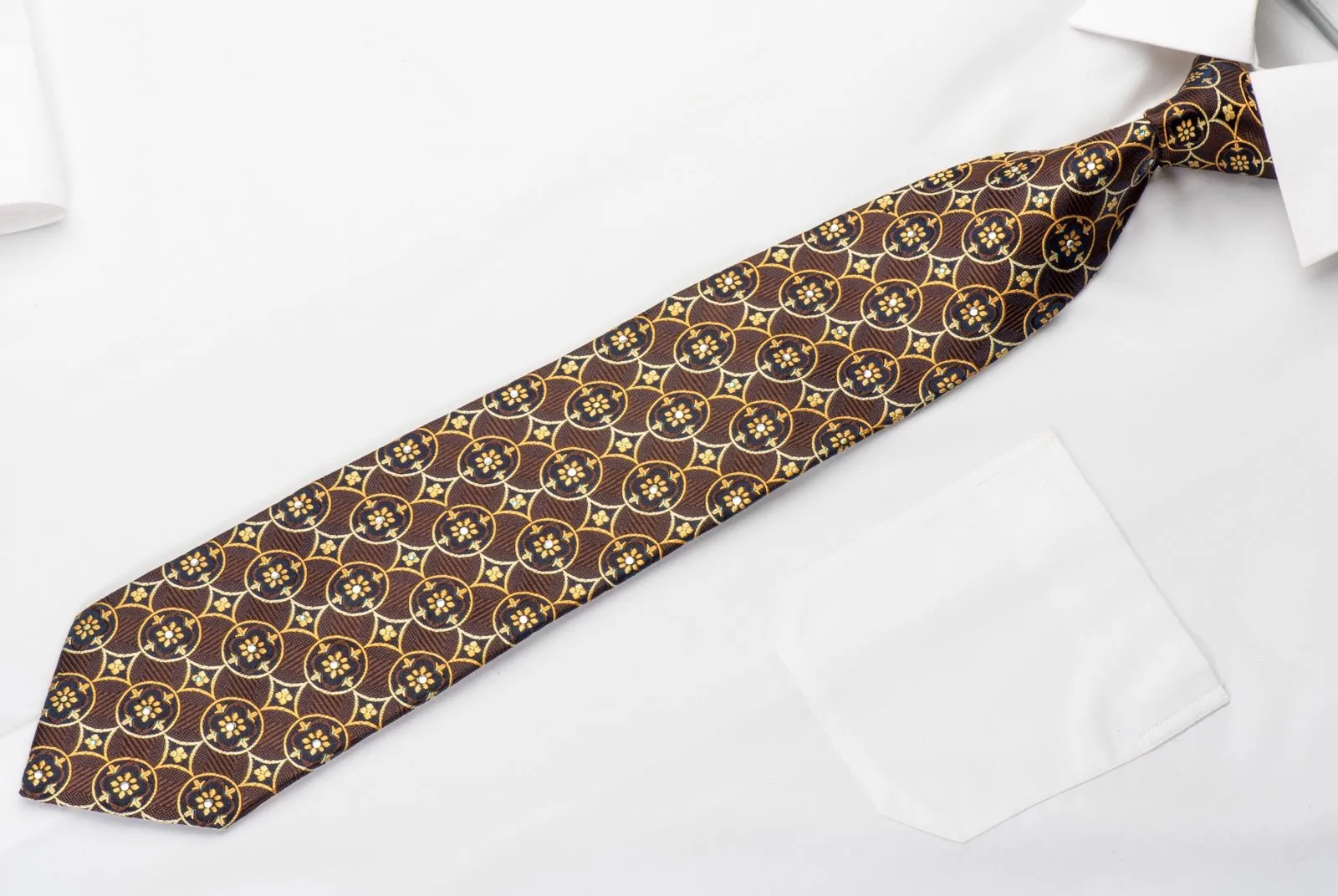 Elegance Mens Rhinestone Tie Orange Interlocking Circles On Brown Silk