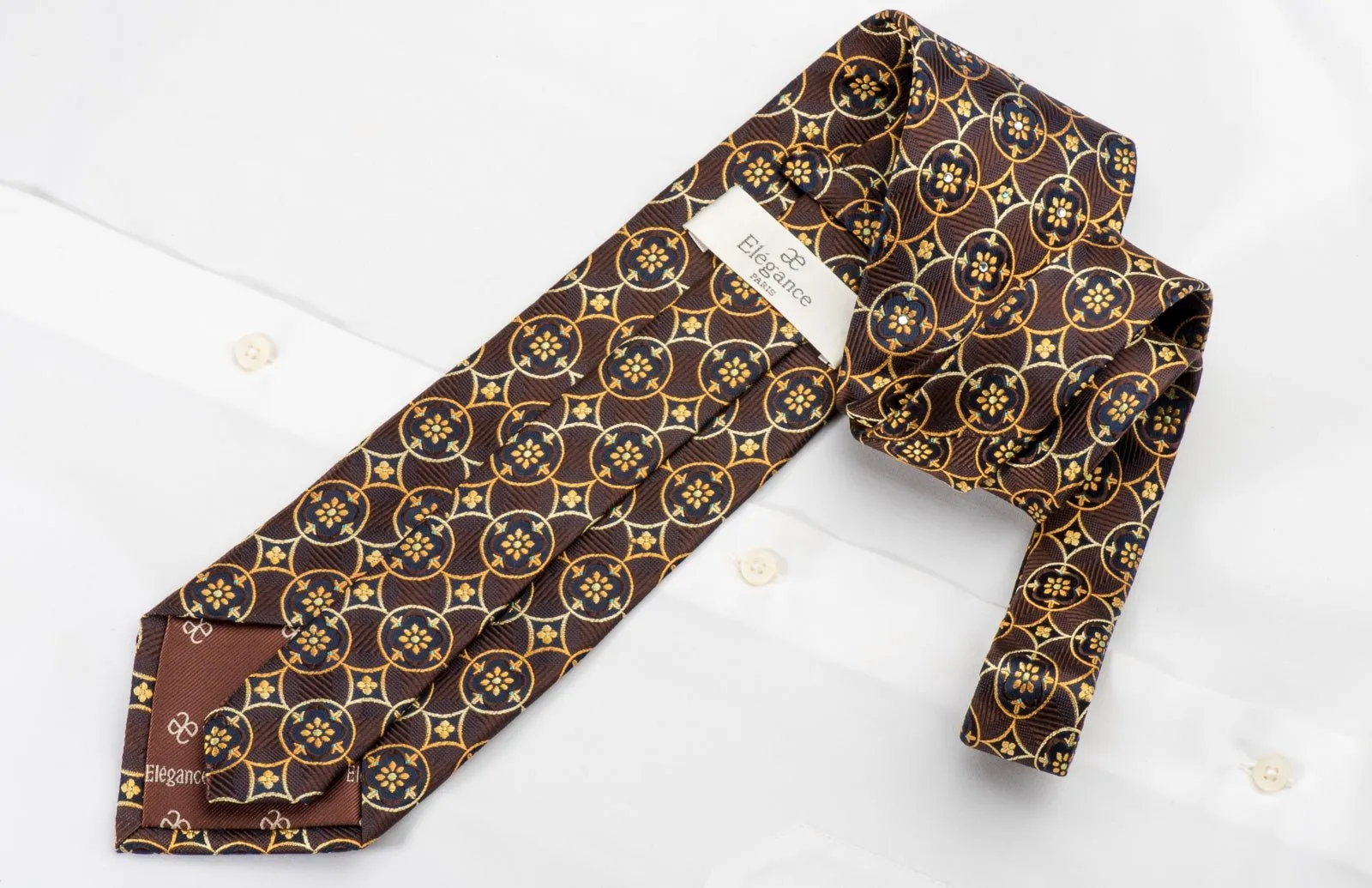 Elegance Mens Rhinestone Tie Orange Interlocking Circles On Brown Silk