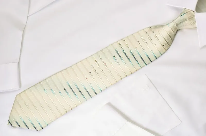 Elegance Rhinestone Necktie Blue Horizontal Striped On White Silk