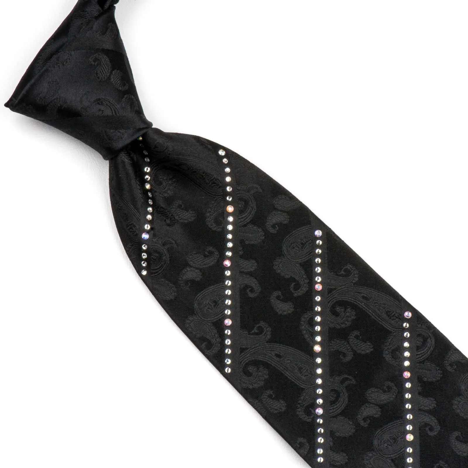 Elegance Rhinestone Tie Striped White Rhinestones On Woven Black Silk 3 1/4 Inch