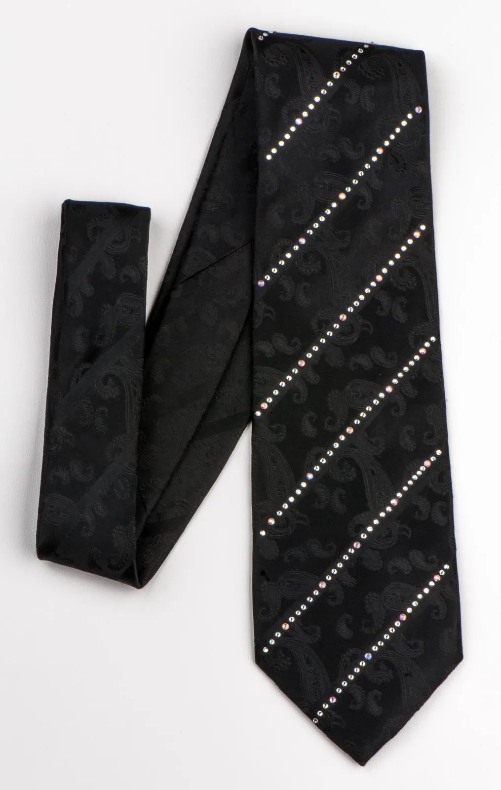 Elegance Rhinestone Tie Striped White Rhinestones On Woven Black Silk 3 1/4 Inch
