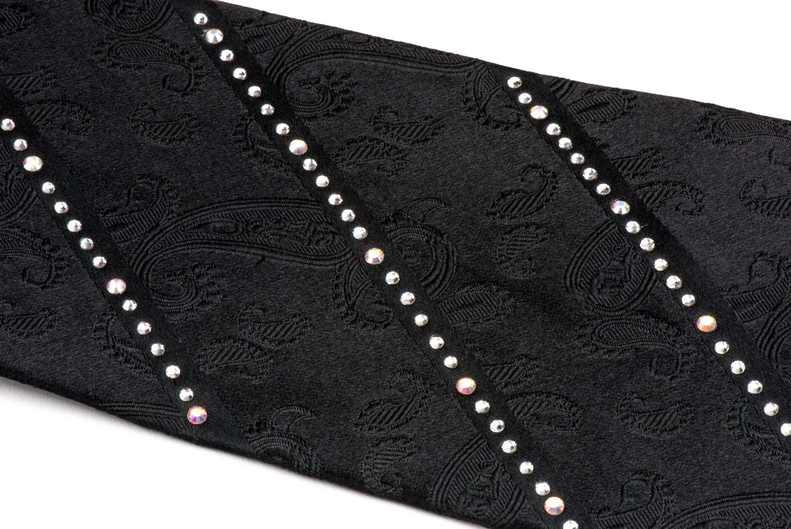 Elegance Rhinestone Tie Striped White Rhinestones On Woven Black Silk 3 1/4 Inch