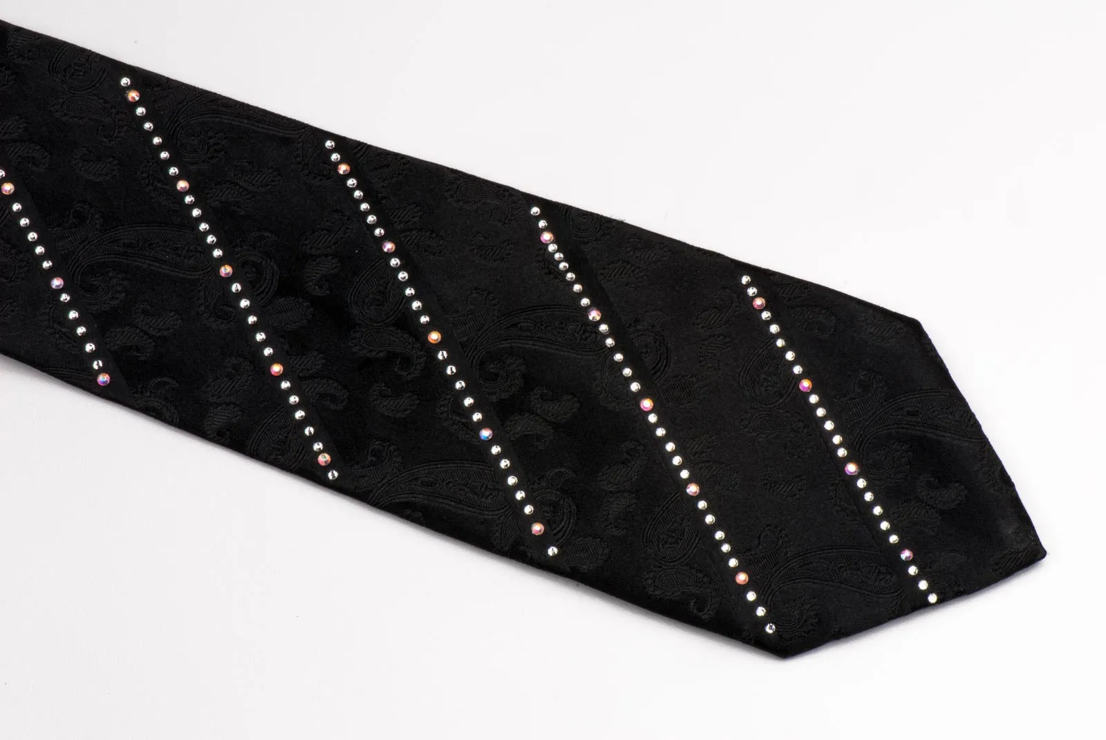 Elegance Rhinestone Tie Striped White Rhinestones On Woven Black Silk 3 1/4 Inch