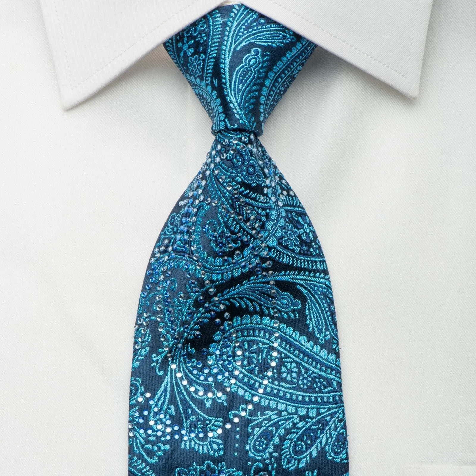 Elle Homme Rhinestone Tie Paisley Anthemion On Turquoise Blue With Blue Sparkles