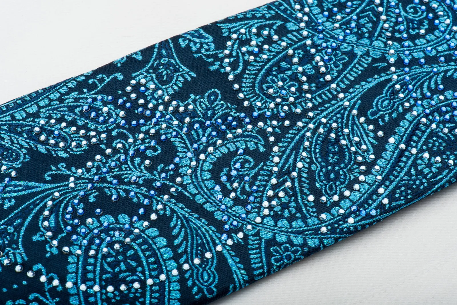 Elle Homme Rhinestone Tie Paisley Anthemion On Turquoise Blue With Blue Sparkles