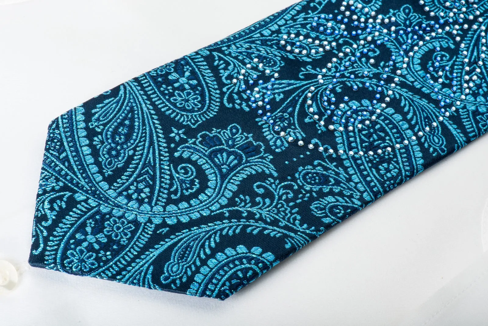 Elle Homme Rhinestone Tie Paisley Anthemion On Turquoise Blue With Blue Sparkles