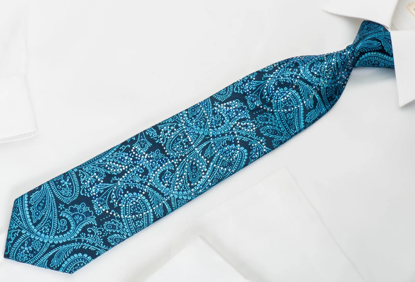 Elle Homme Rhinestone Tie Paisley Anthemion On Turquoise Blue With Blue Sparkles