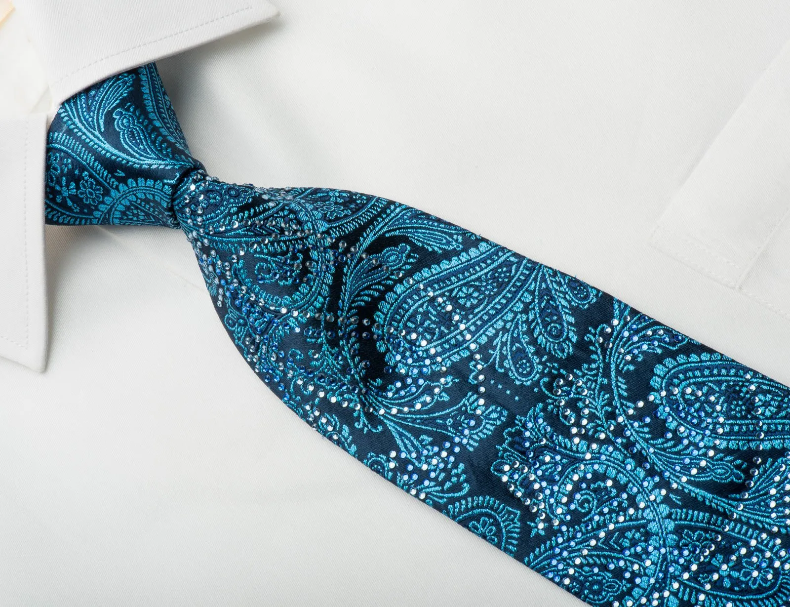 Elle Homme Rhinestone Tie Paisley Anthemion On Turquoise Blue With Blue Sparkles