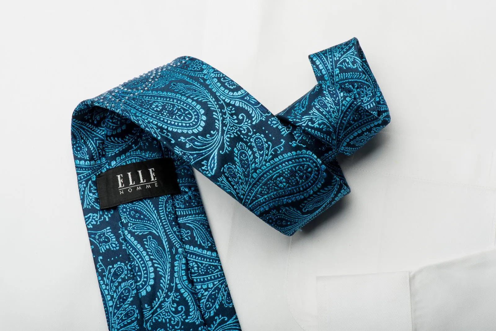 Elle Homme Rhinestone Tie Paisley Anthemion On Turquoise Blue With Blue Sparkles