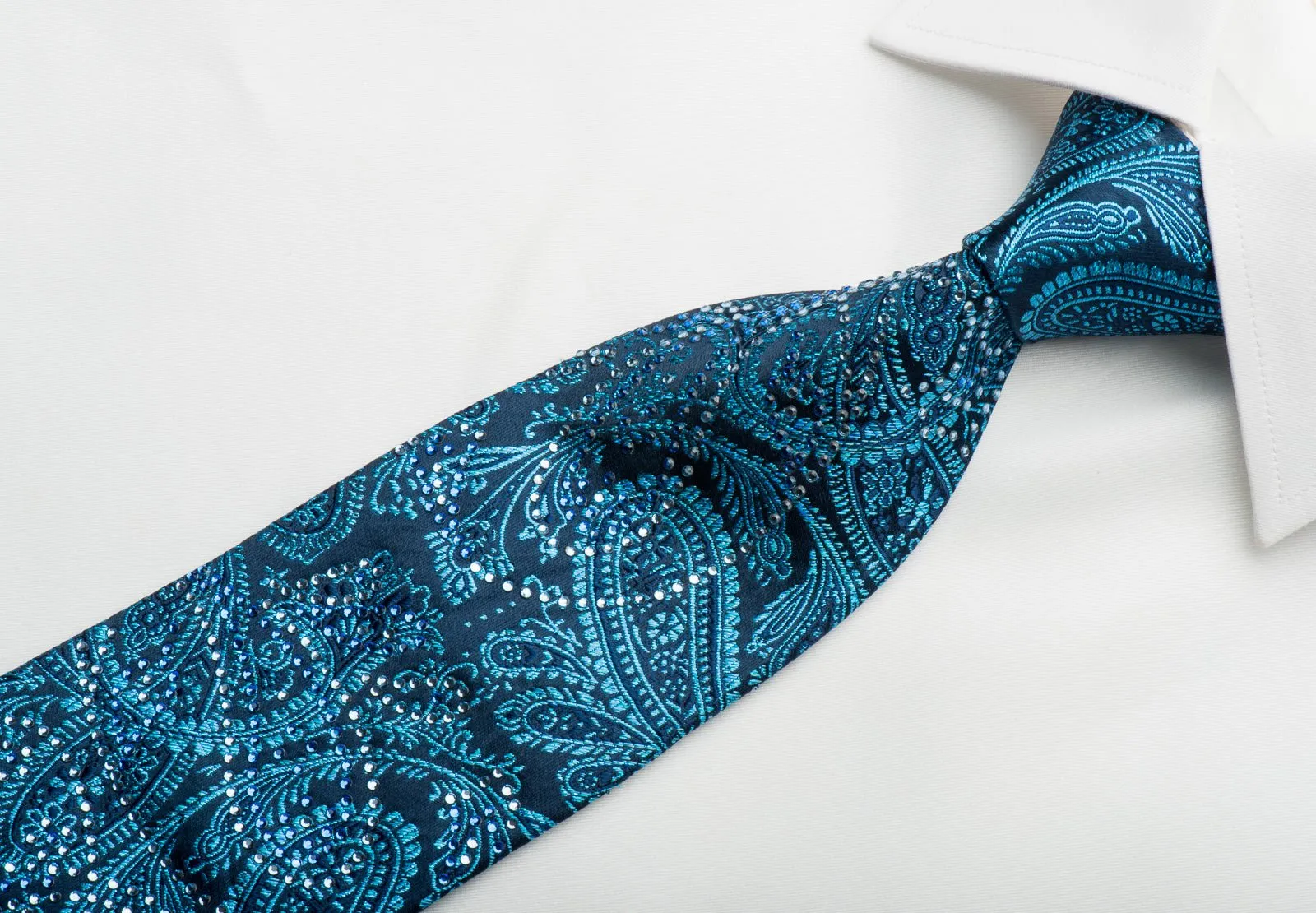 Elle Homme Rhinestone Tie Paisley Anthemion On Turquoise Blue With Blue Sparkles