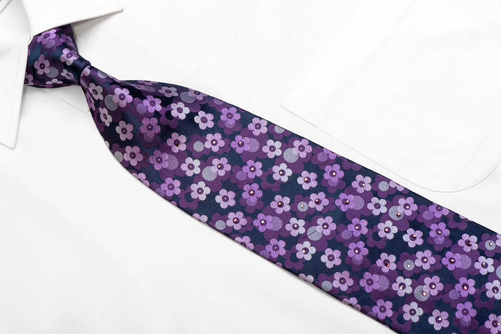 Floral On Navy Rhinestone Silk Necktie With Silver Sparkles