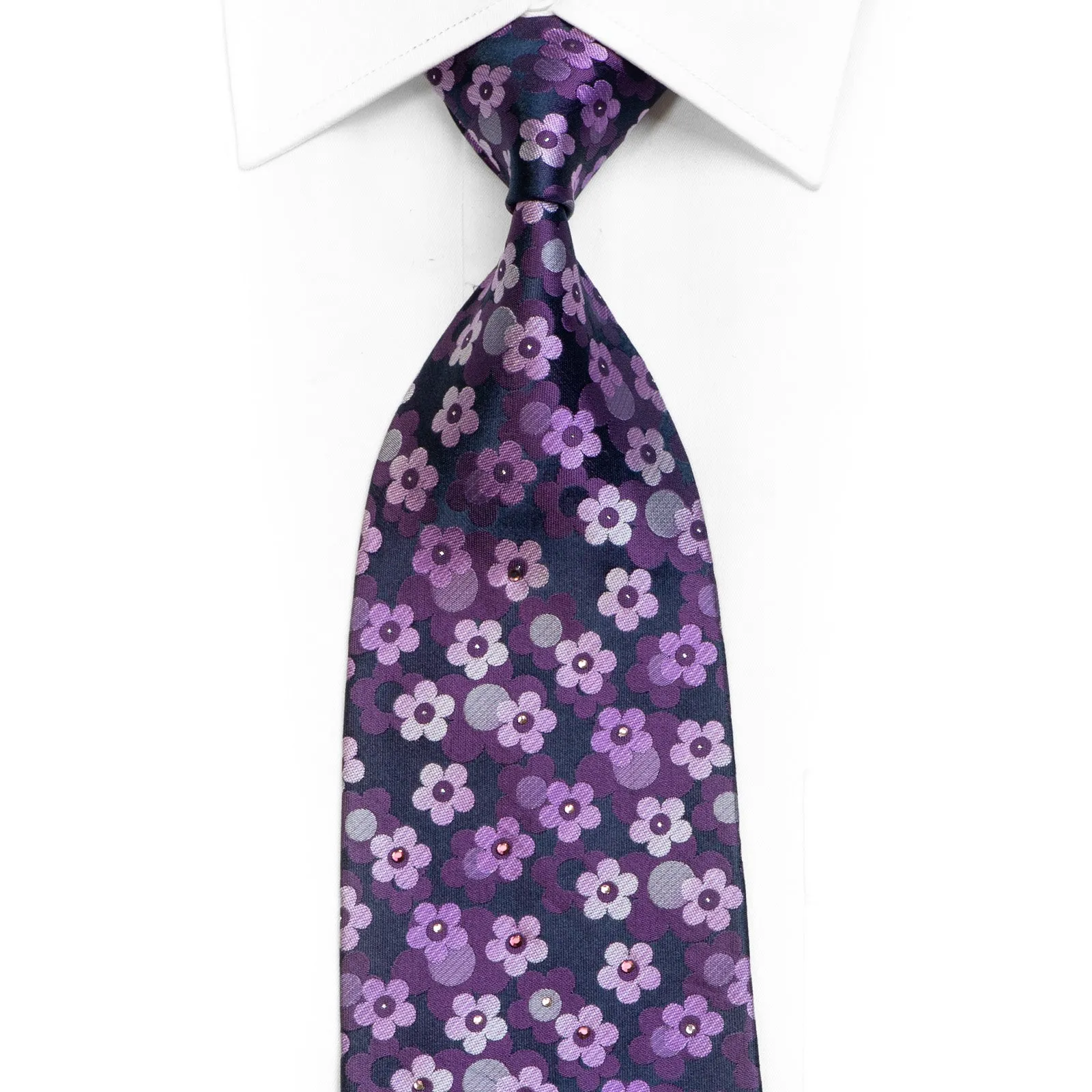 Floral On Navy Rhinestone Silk Necktie With Silver Sparkles