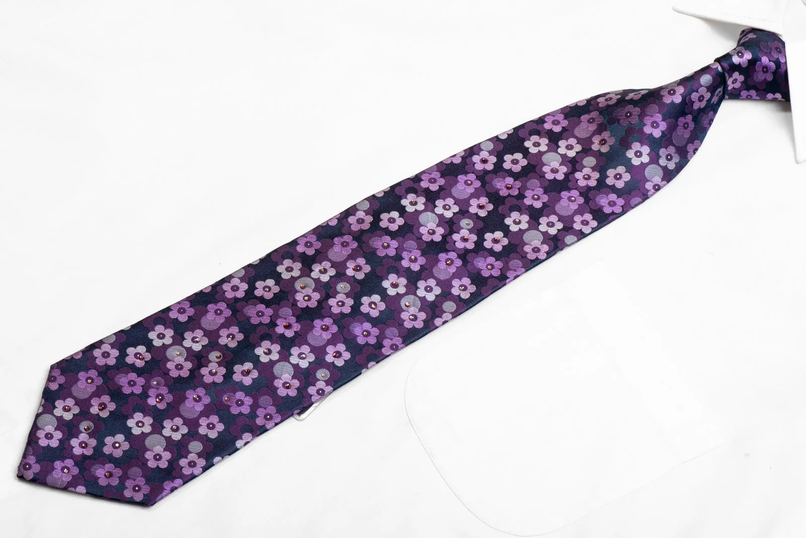 Floral On Navy Rhinestone Silk Necktie With Silver Sparkles