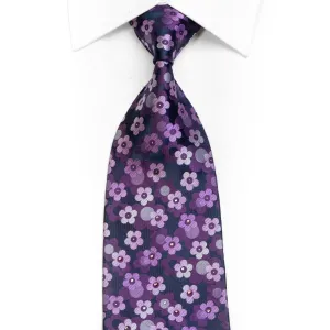 Floral On Navy Rhinestone Silk Necktie With Silver Sparkles