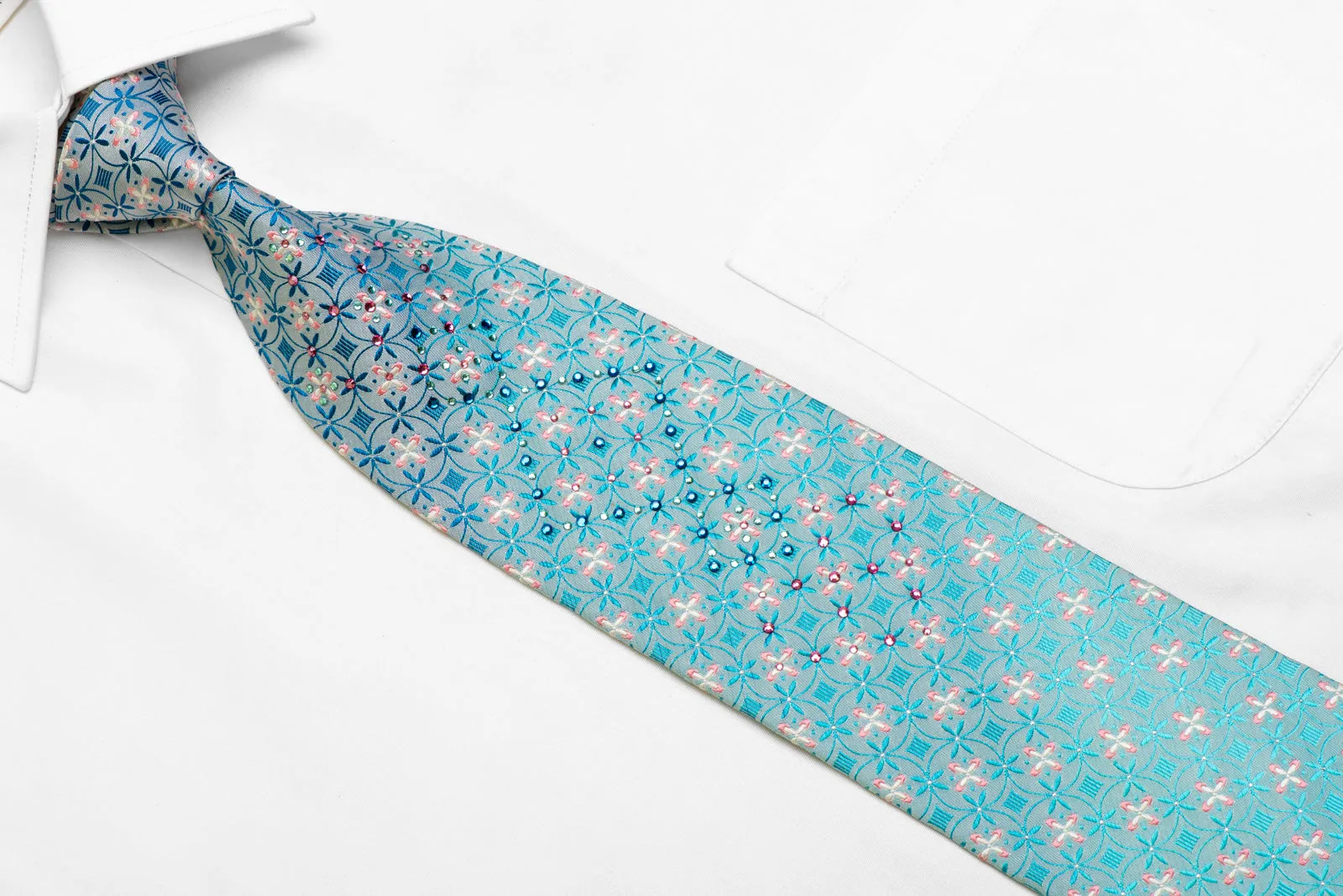 Geometric Floral On Pale Blue Rhinestone Silk Necktie With Silver Sparkles