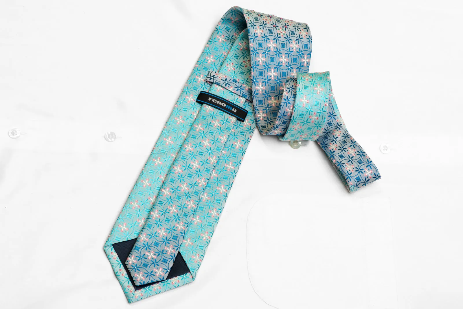 Geometric Floral On Pale Blue Rhinestone Silk Necktie With Silver Sparkles