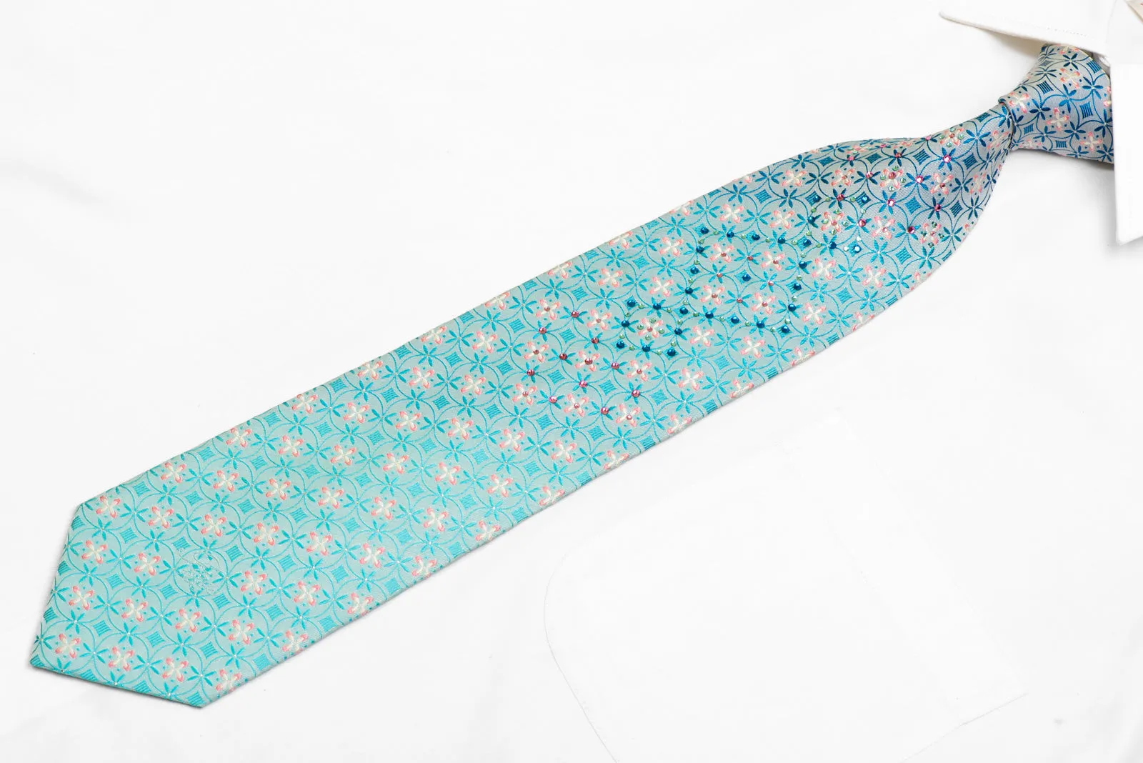 Geometric Floral On Pale Blue Rhinestone Silk Necktie With Silver Sparkles