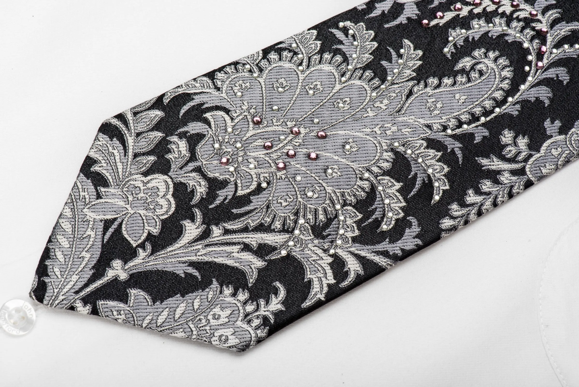 Grand Jour Men's Crystal Silk Tie Silver Anthemion On Black