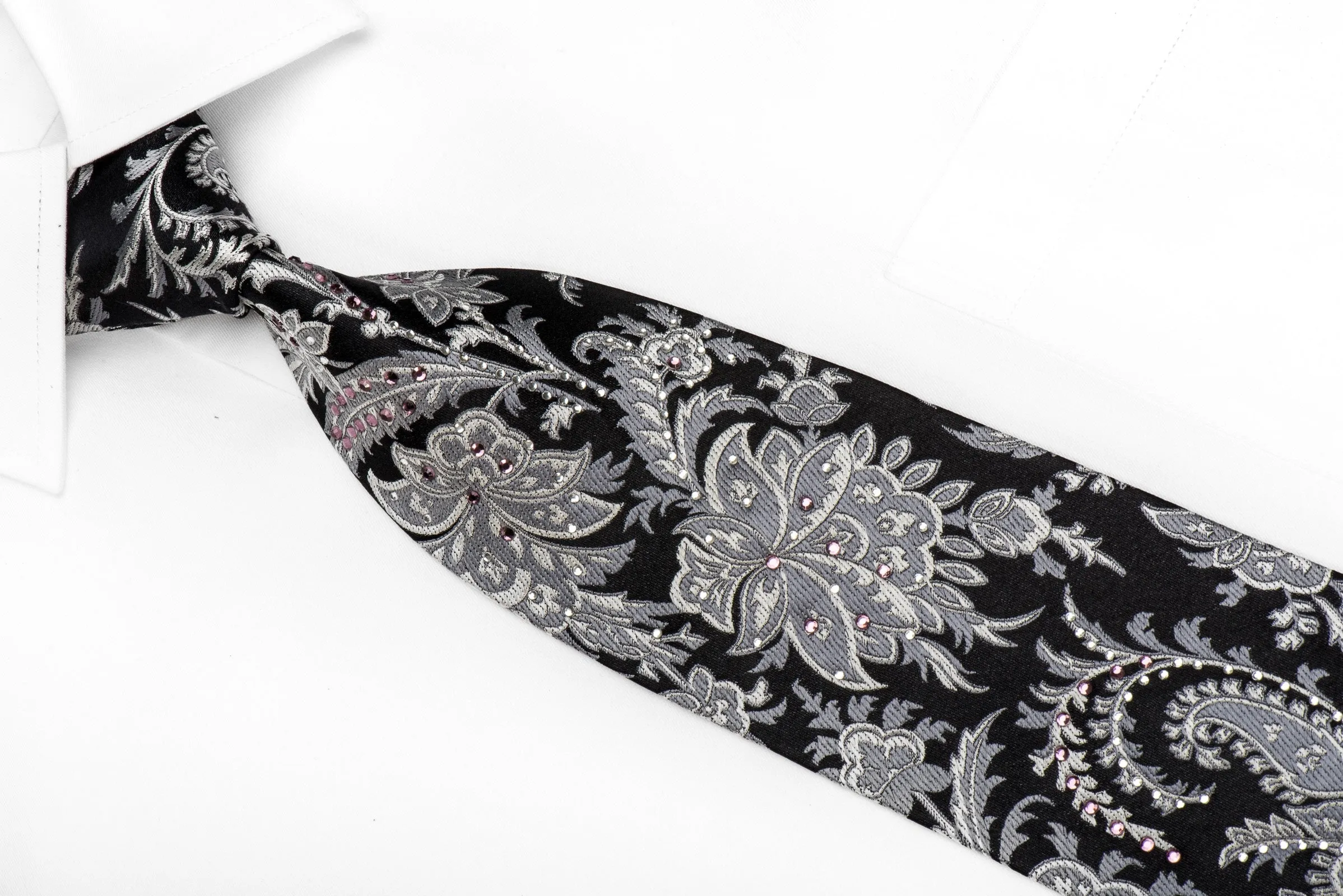 Grand Jour Men's Crystal Silk Tie Silver Anthemion On Black