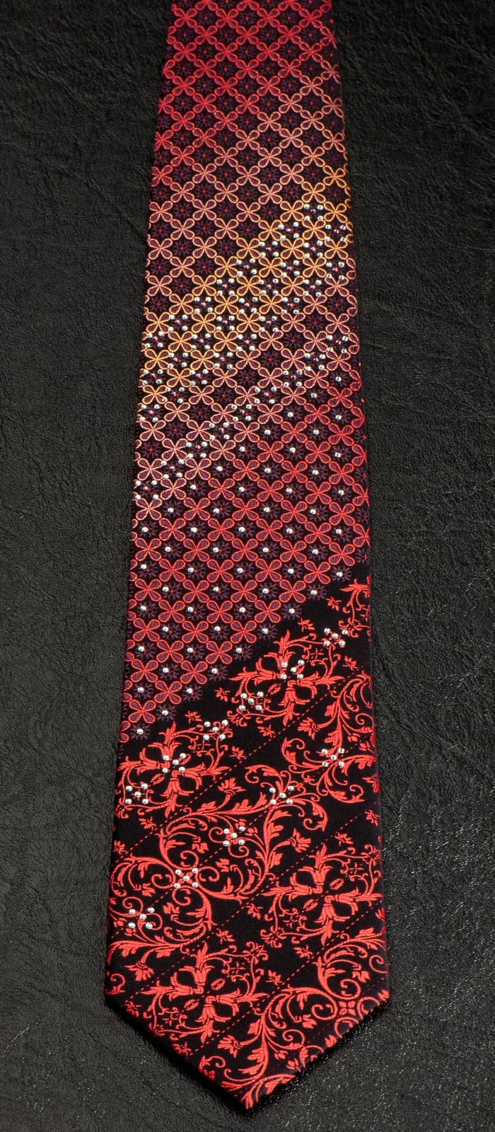 Grang Cia Silk NeckTie Red Damask With Rhinestones On Black 3 1/4 Inch