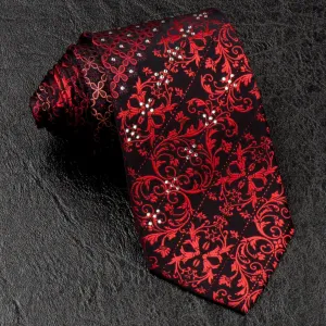 Grang Cia Silk NeckTie Red Damask With Rhinestones On Black 3 1/4 Inch