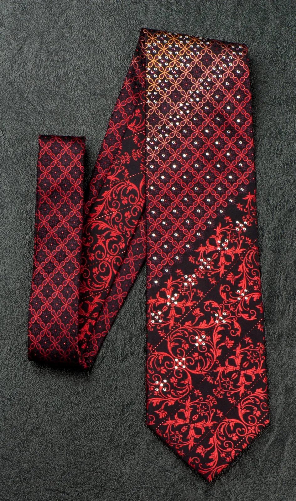Grang Cia Silk NeckTie Red Damask With Rhinestones On Black 3 1/4 Inch