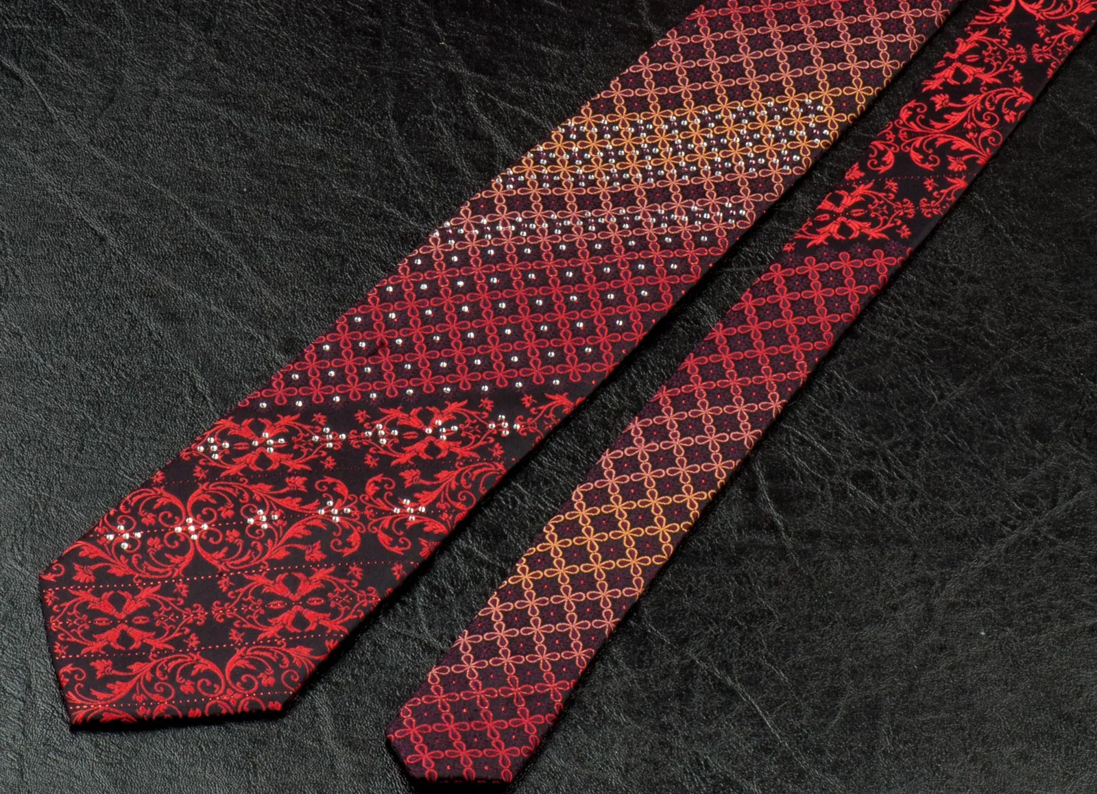 Grang Cia Silk NeckTie Red Damask With Rhinestones On Black 3 1/4 Inch