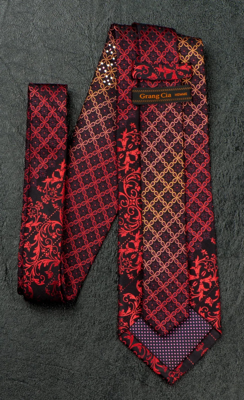 Grang Cia Silk NeckTie Red Damask With Rhinestones On Black 3 1/4 Inch