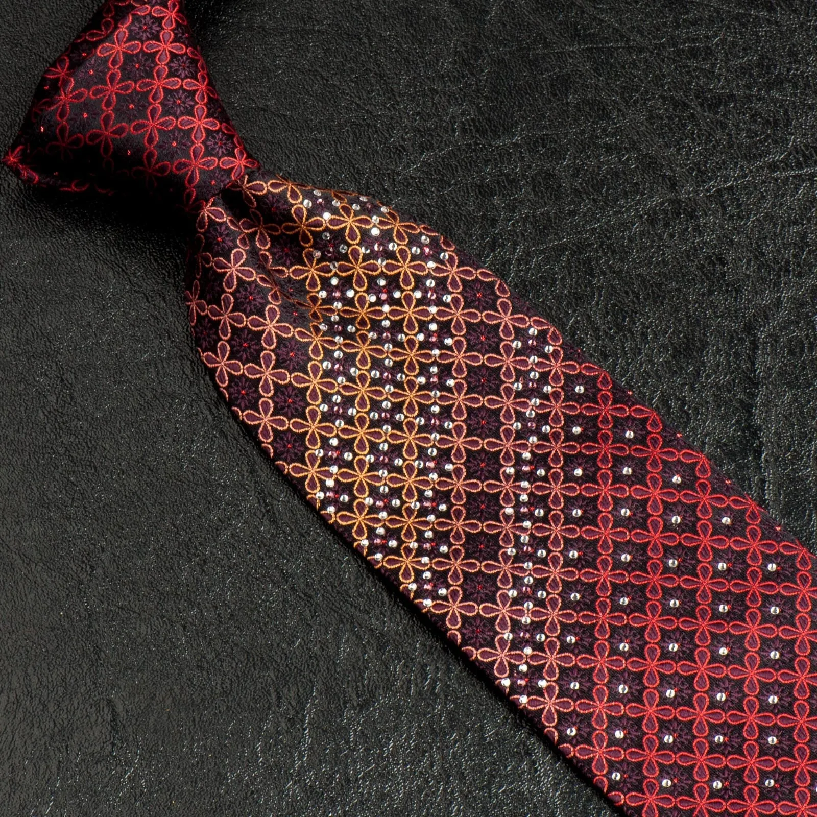 Grang Cia Silk NeckTie Red Damask With Rhinestones On Black 3 1/4 Inch