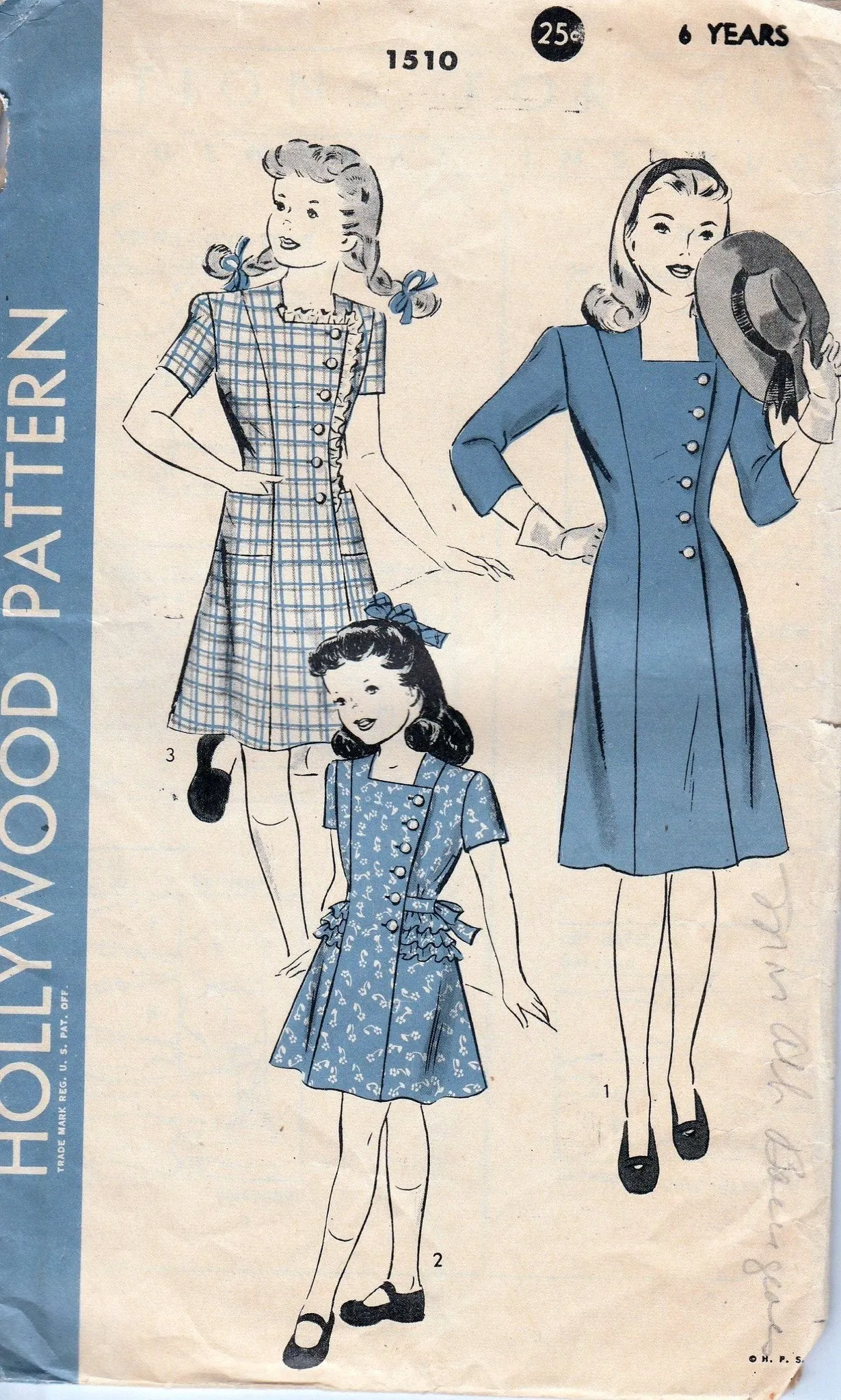 Hollywood 1510 Young Girls Side Buttoned Dress Vintage Sewing Pattern 1940's
