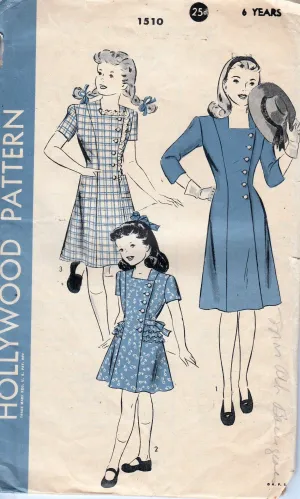 Hollywood 1510 Young Girls Side Buttoned Dress Vintage Sewing Pattern 1940's