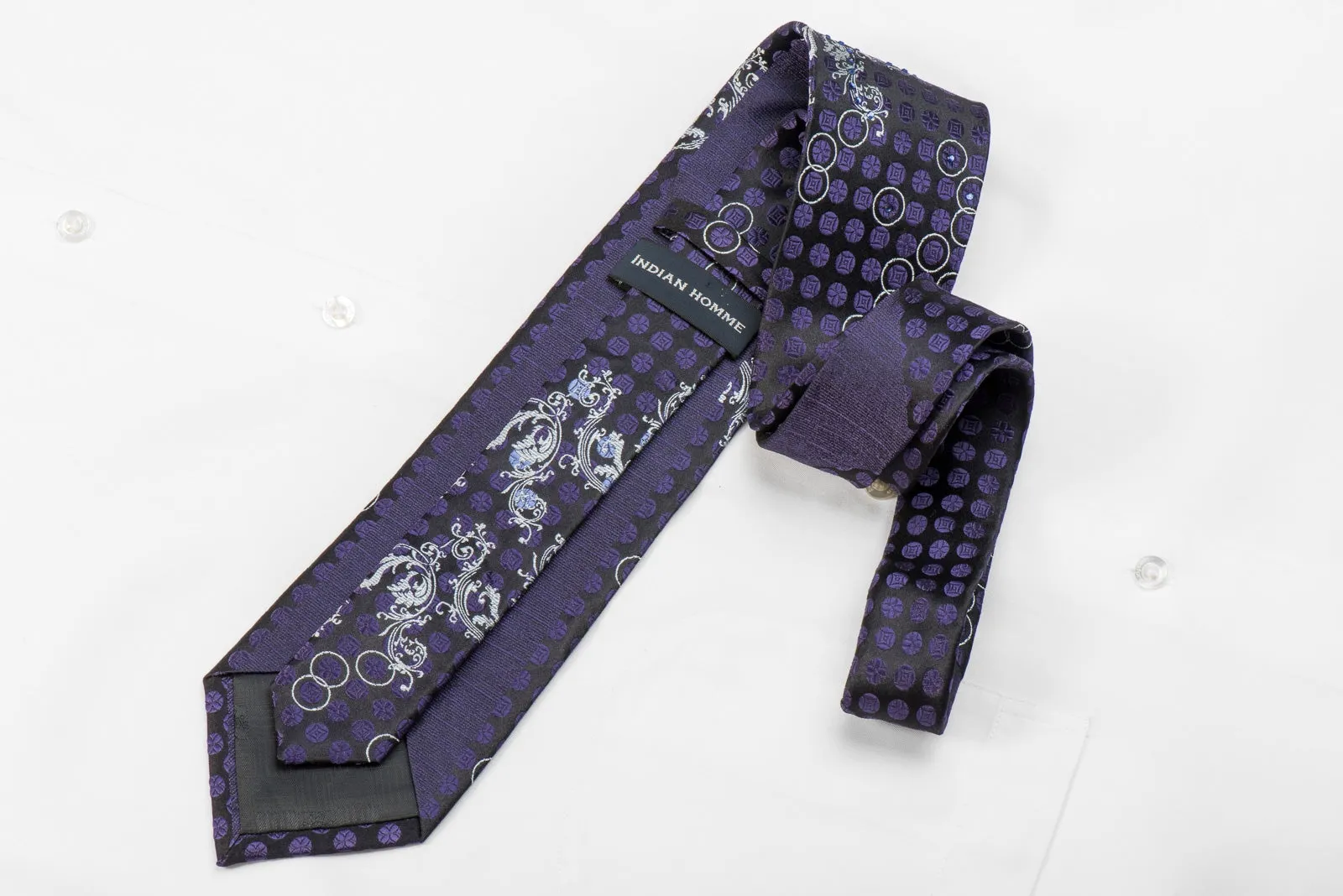 Indian Homme Men's Crystal Silk Necktie Silver Acanthus Purple Dots On Black With Sparkles